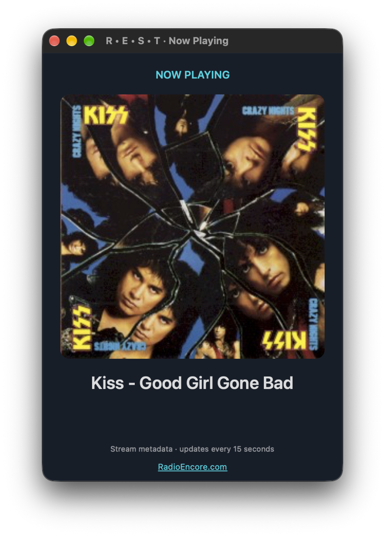REST Now Playing window displaying Kiss album artwork and the song Good Girl Gone Bad